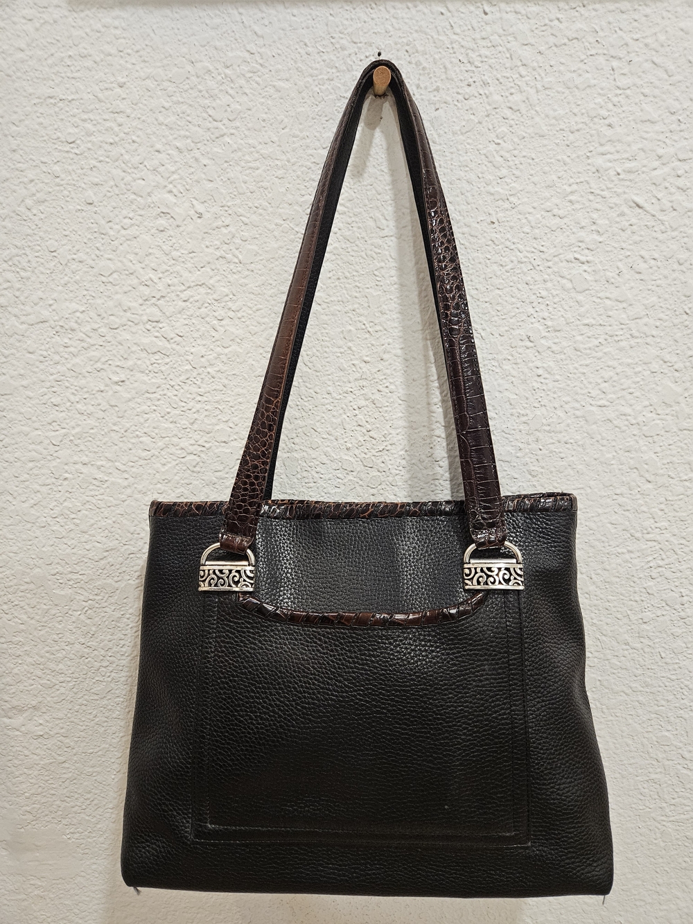 Vintage Brighton Black Pebbled Leather Tote Shoulder Bag Brown Croc Trim